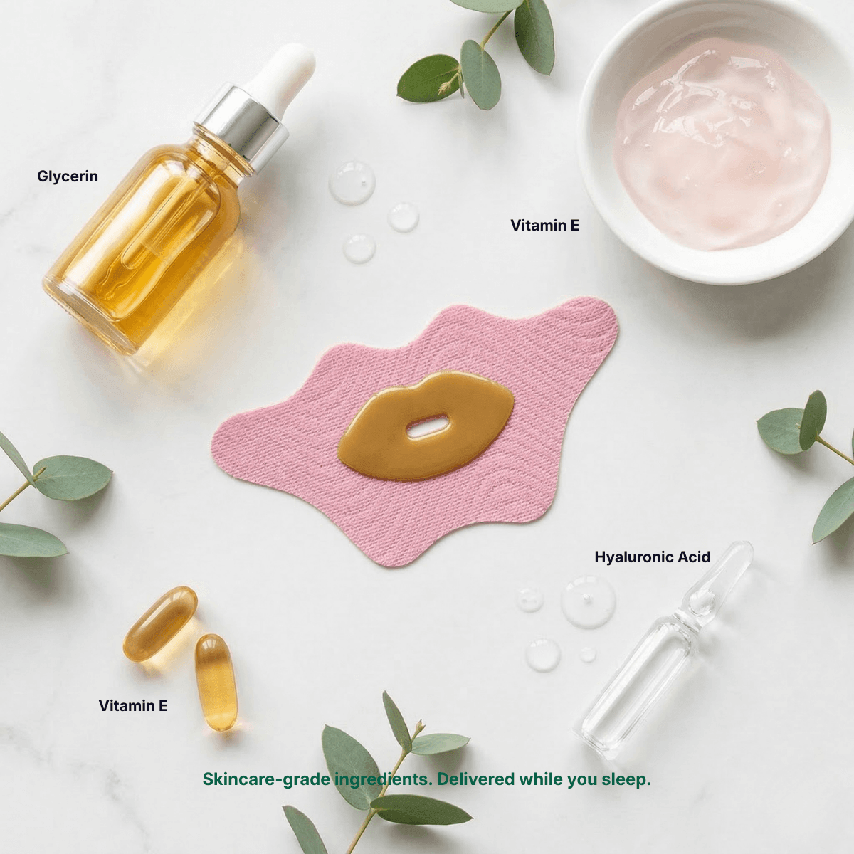 SleepBiome ingredients flat lay — collagen, hyaluronic acid, vitamin E, glycerin alongside the pink hydrogel tape
