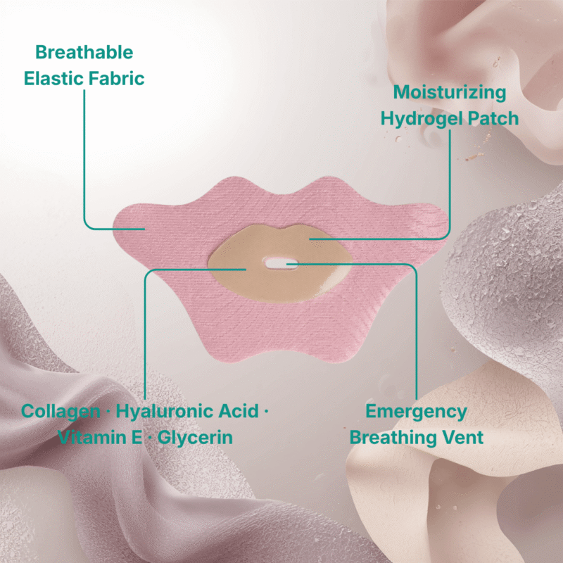 SleepBiome Labs moisturizing mouth tape features — breathing vent, hydrogel patch, collagen, hyaluronic acid, vitamin E, glycerin